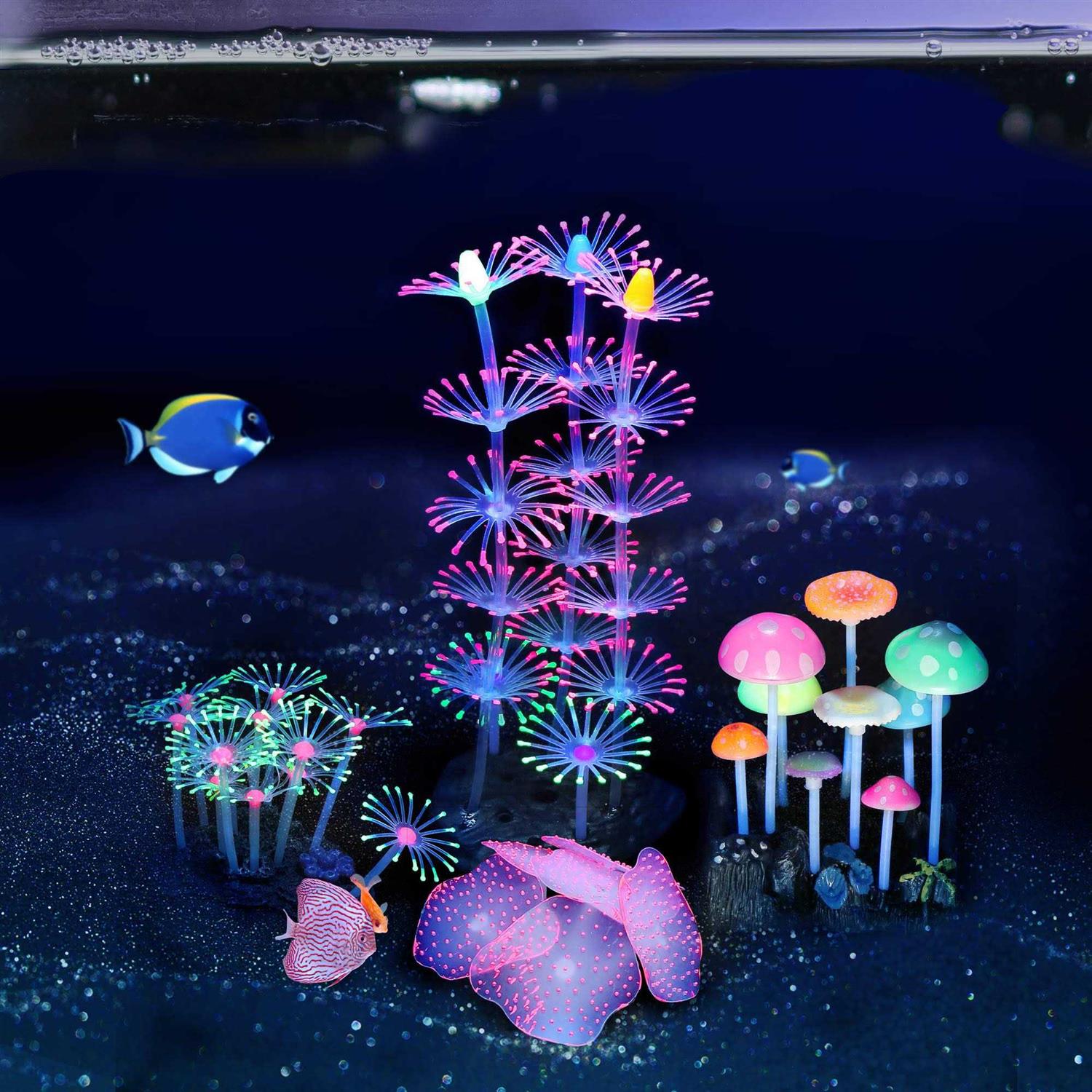 Lpraer 4 Pack Glow Aquarium Decorations Coral Reef Glowing Mushroom Anemone Simulation Glow Plant Glowing Effect Silicone for Fish Tank Decorations