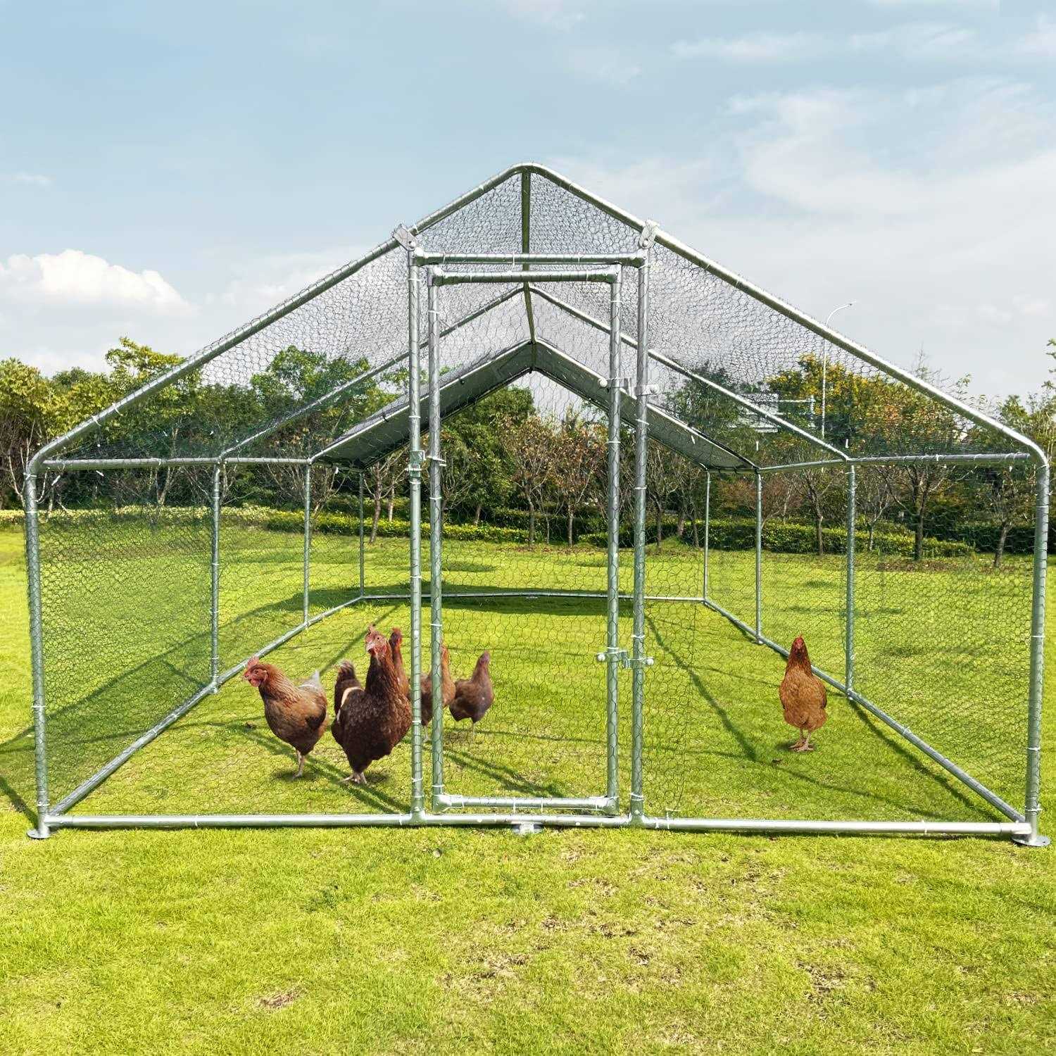 NGTEEN Large Metal Chicken Coop Walk-in Poultry Cage Chicken Run Pen Dog Kennel with Waterproof and Anti-Ultraviolet Cover for Outdoor Farm Use