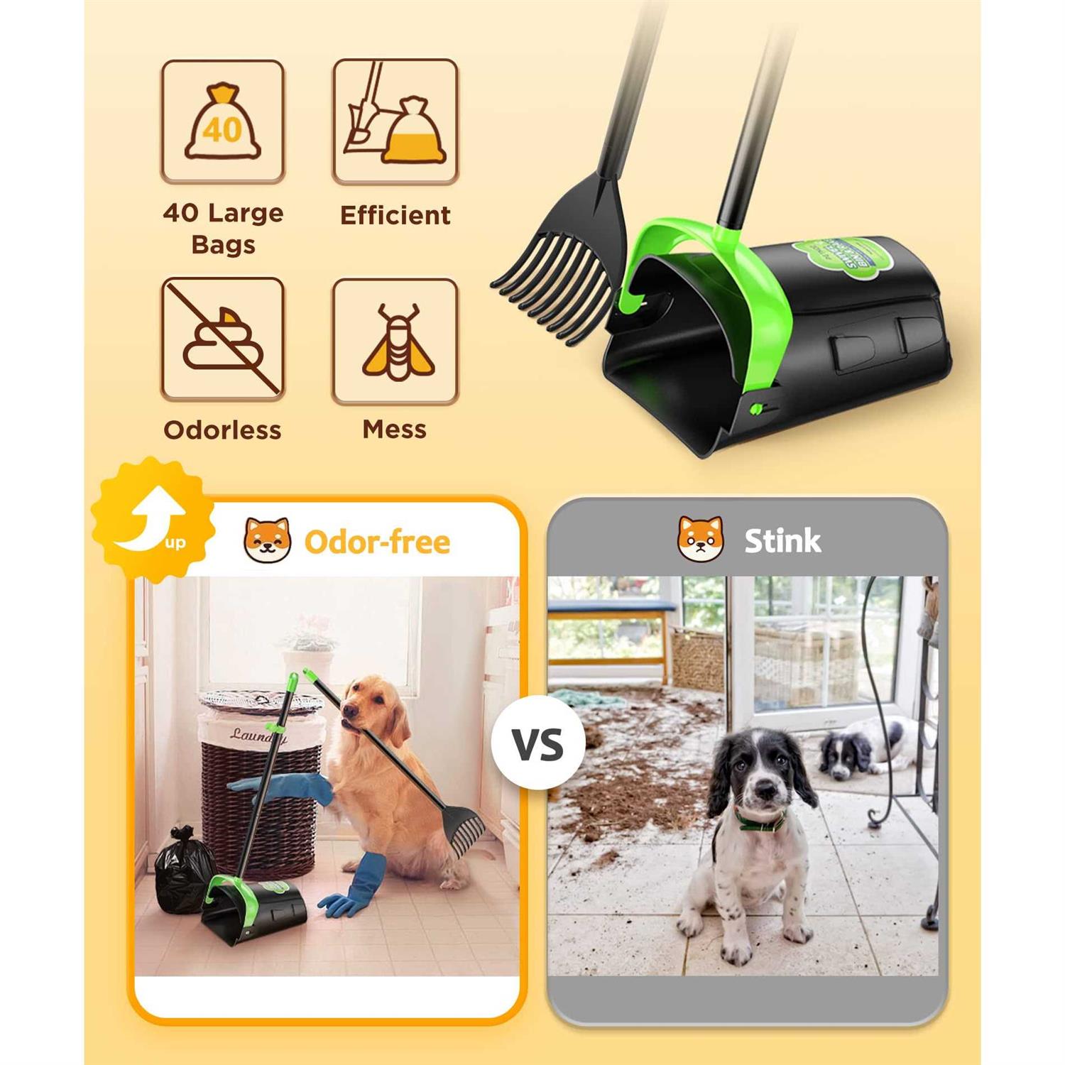 PETNOZ LIFE Large Swivel Bin & Rake Pooper Scooper with 40 Waste Bags