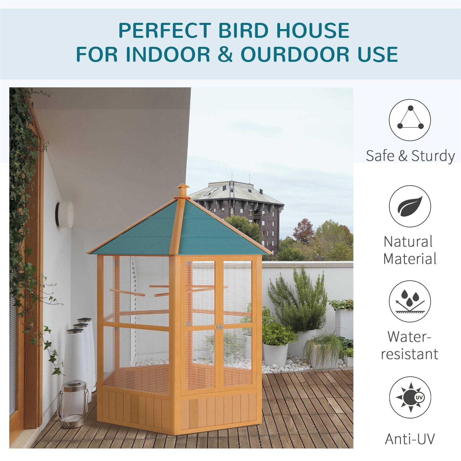PawHut 69 Large Wooden Hexagonal Outdoor Aviary Flight Bird Cage With Covered Roof