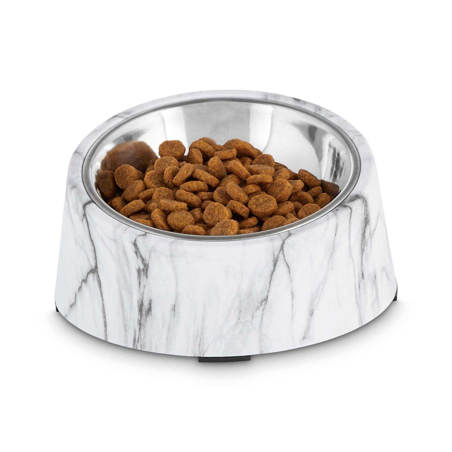 EveryYay Dining in Slanted Marble-Print Base and Stainless-Steel Dog Bowl Set
