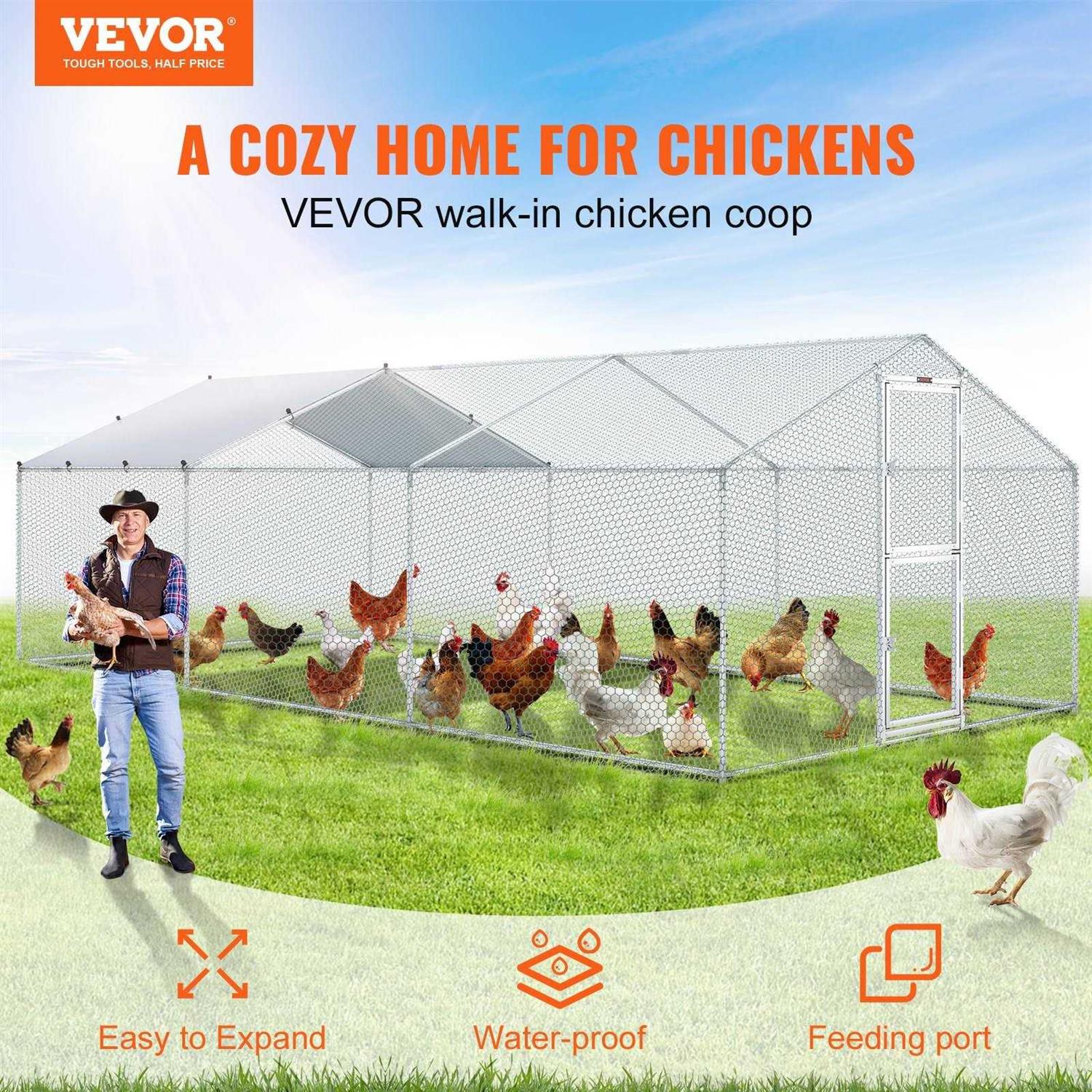VEVOR Large Metal Chicken Coop with Run Walkin Poultry Cage for Yard Waterproof Cover