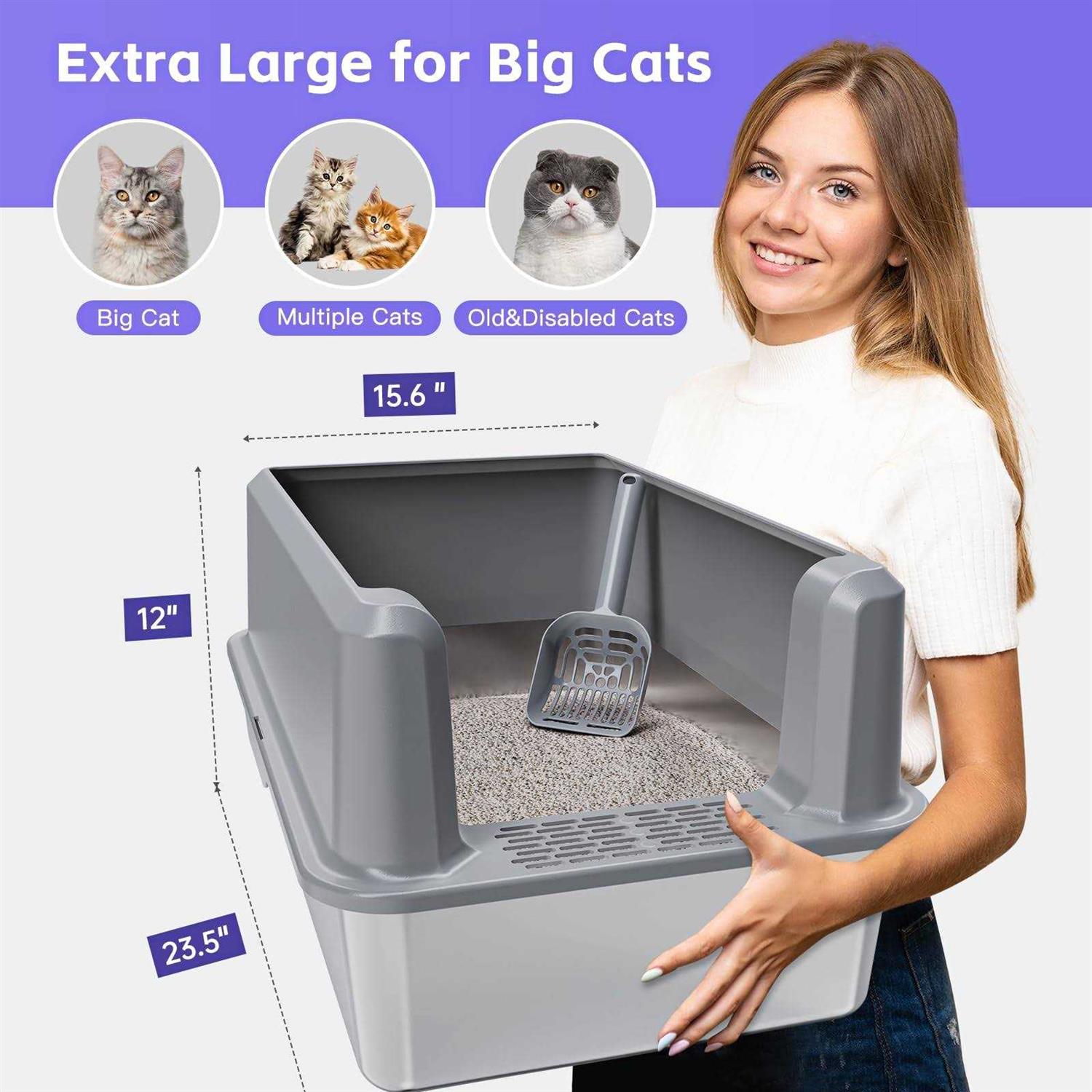 Suitfeel Enclosed Stainless Steel Litter Box XL Metal Litter Box with High Side