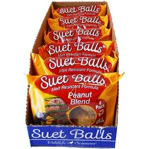 Wildlife Sciences Suet Balls 24 Pack, 6 Individually Wrapped Packs of 4 Bird Suet Balls (Peanut Blend)