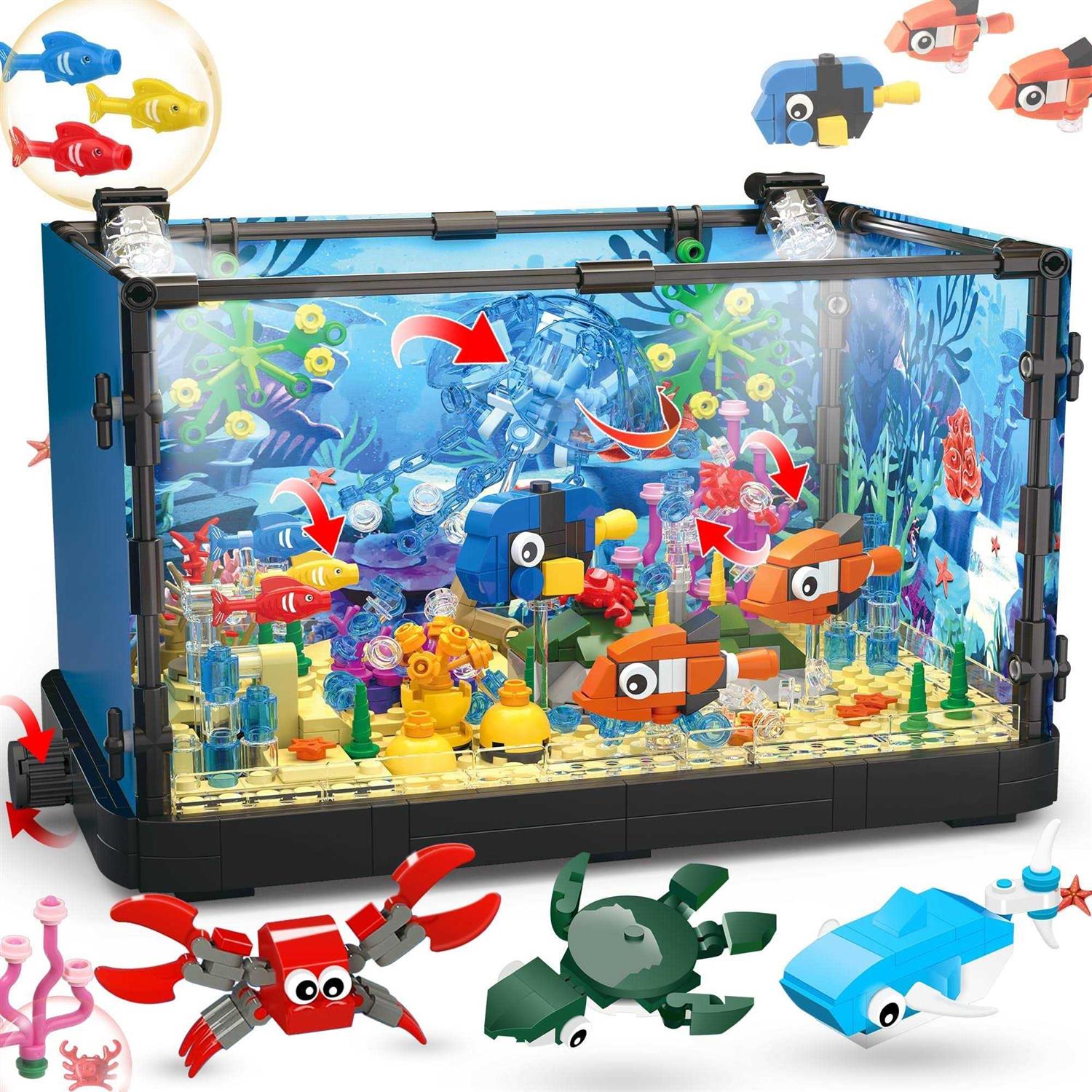 Jorumo Fish Tank Building Block, Lighting Aquarium Compatible with Lego Sets for Adults and Kids Including Ocean Jellyfish