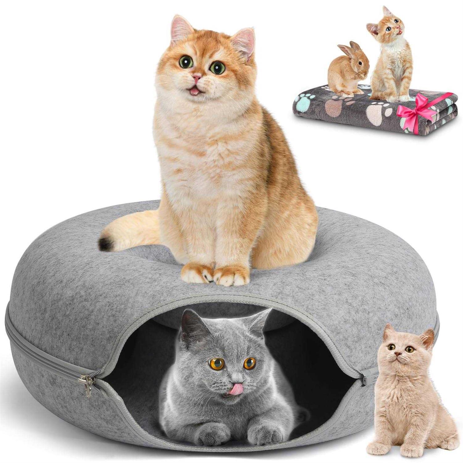 HOMAGICO Cat Tunnel Bed,Peekaboo Cat Cave with Pet Blanket,Detachable Donut Tunnels for Indoor Cats,Cat Tunnel Toy,Felt Round Cat Bed Suitable