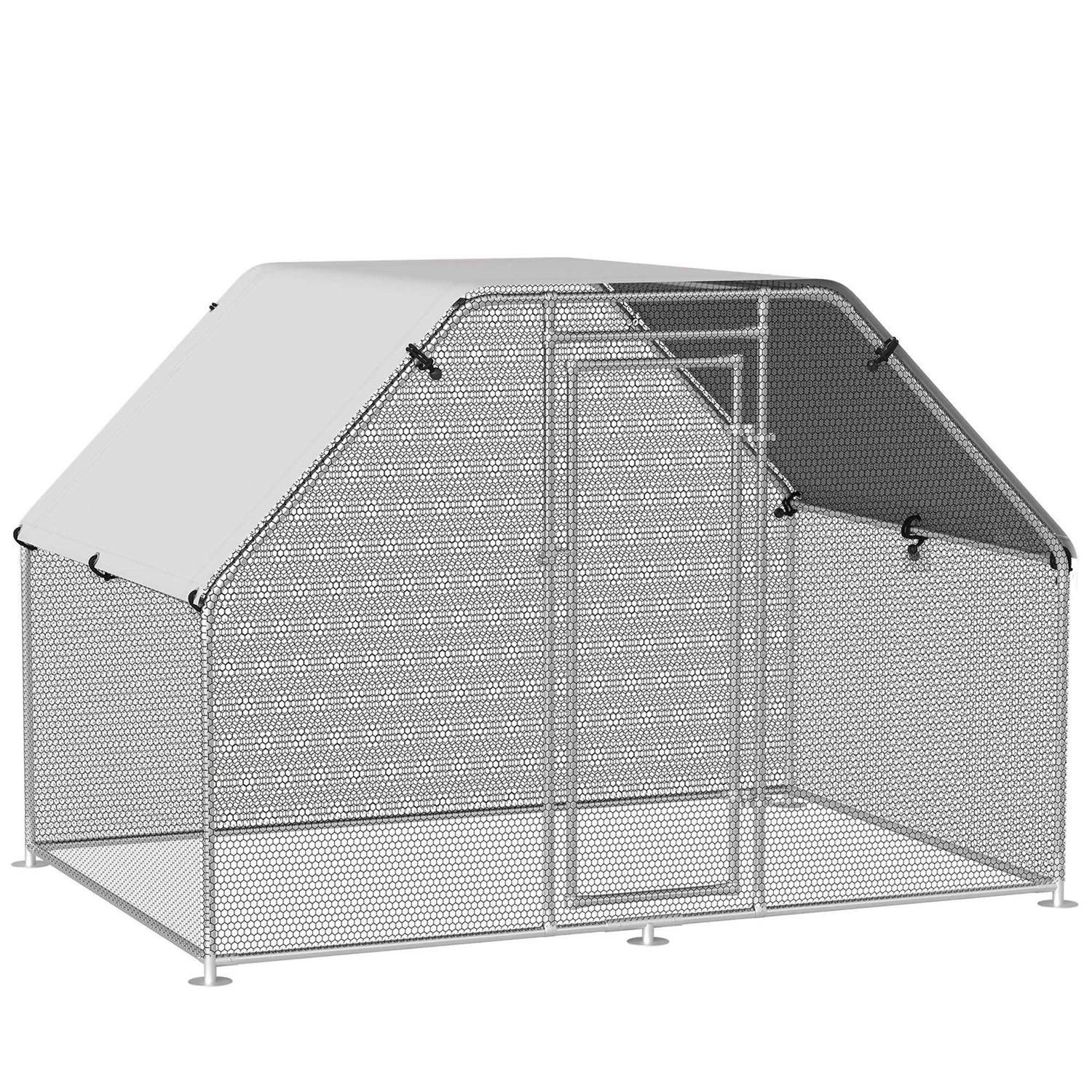 PawHut Galvanized Metal Chicken Coop Cage with Cover Walk-In Pen Run