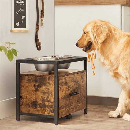 Feandrea Elevated Dog Bowls for Large Dog Dog Feeder Raised Bowl Stand with Storage Drawer 2 Bowls Rustic Brown and Black