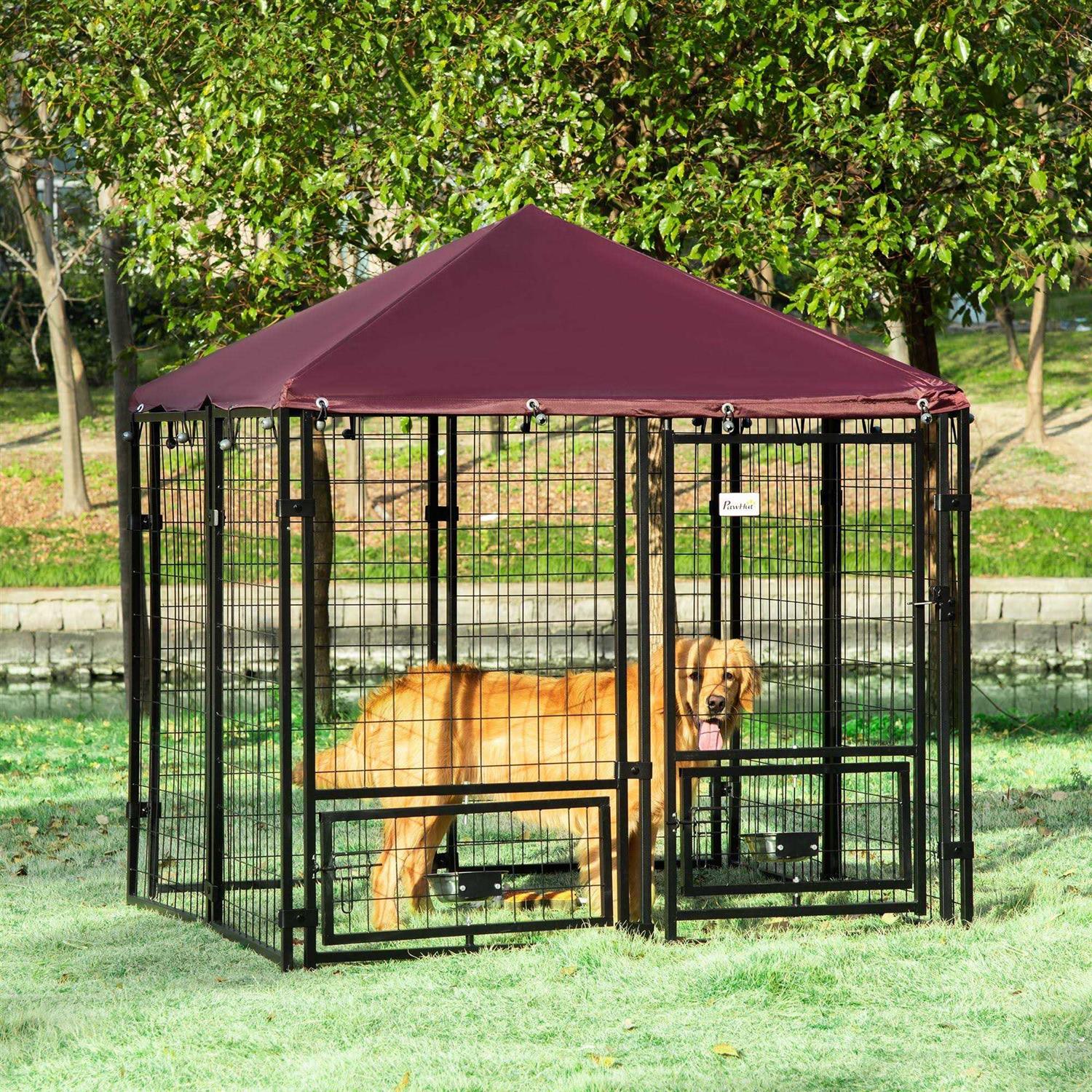 PawHut Indoor/Outdoor Metal Dog Kennel, Dog House with Lock, Weather Resistant Canopy and 2 Bowl Holders and Bowls