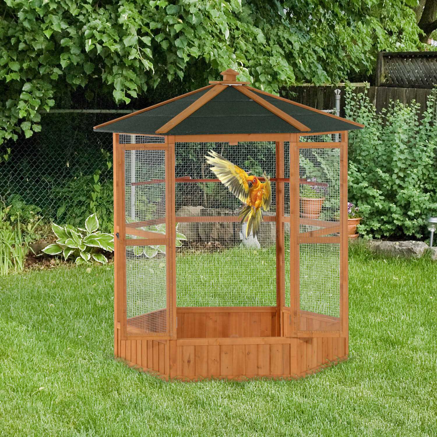 PawHut 69 Large Wooden Hexagonal Outdoor Aviary Flight Bird Cage With Covered Roof