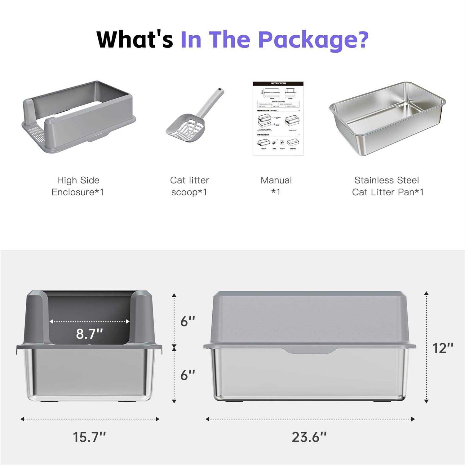 Suitfeel Enclosed Stainless Steel Litter Box XL Metal Litter Box with High Side
