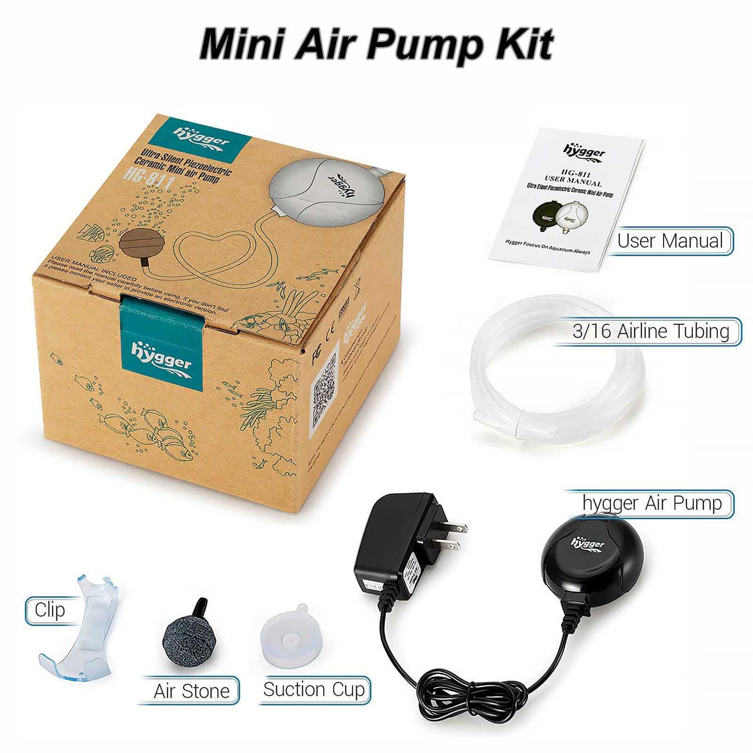 Hygger Quiet Mini Air Pump for Aquarium 1.5 Watt Oxygen Fish Air Pump for 1-15 Gallon Fish Tank with Accessories Black