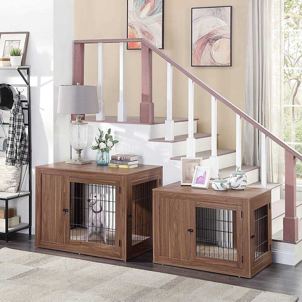 Unipaws Dog Crate End Table with Cushion Wooden Wire Pet Kennels with Double Doors