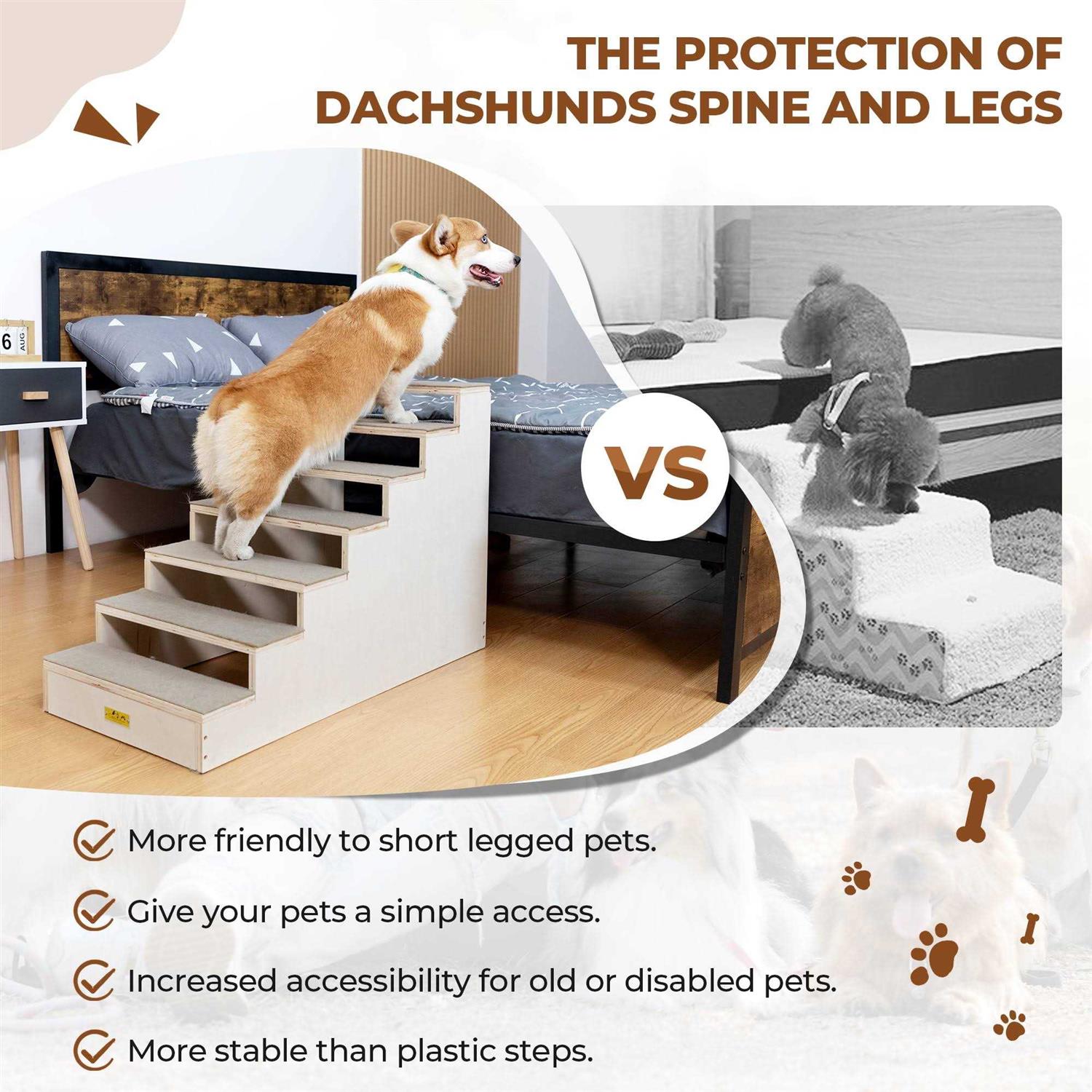 CoziwowWood Dog Stairs Climber 7-Step Pet Ladder with Carpet Steps