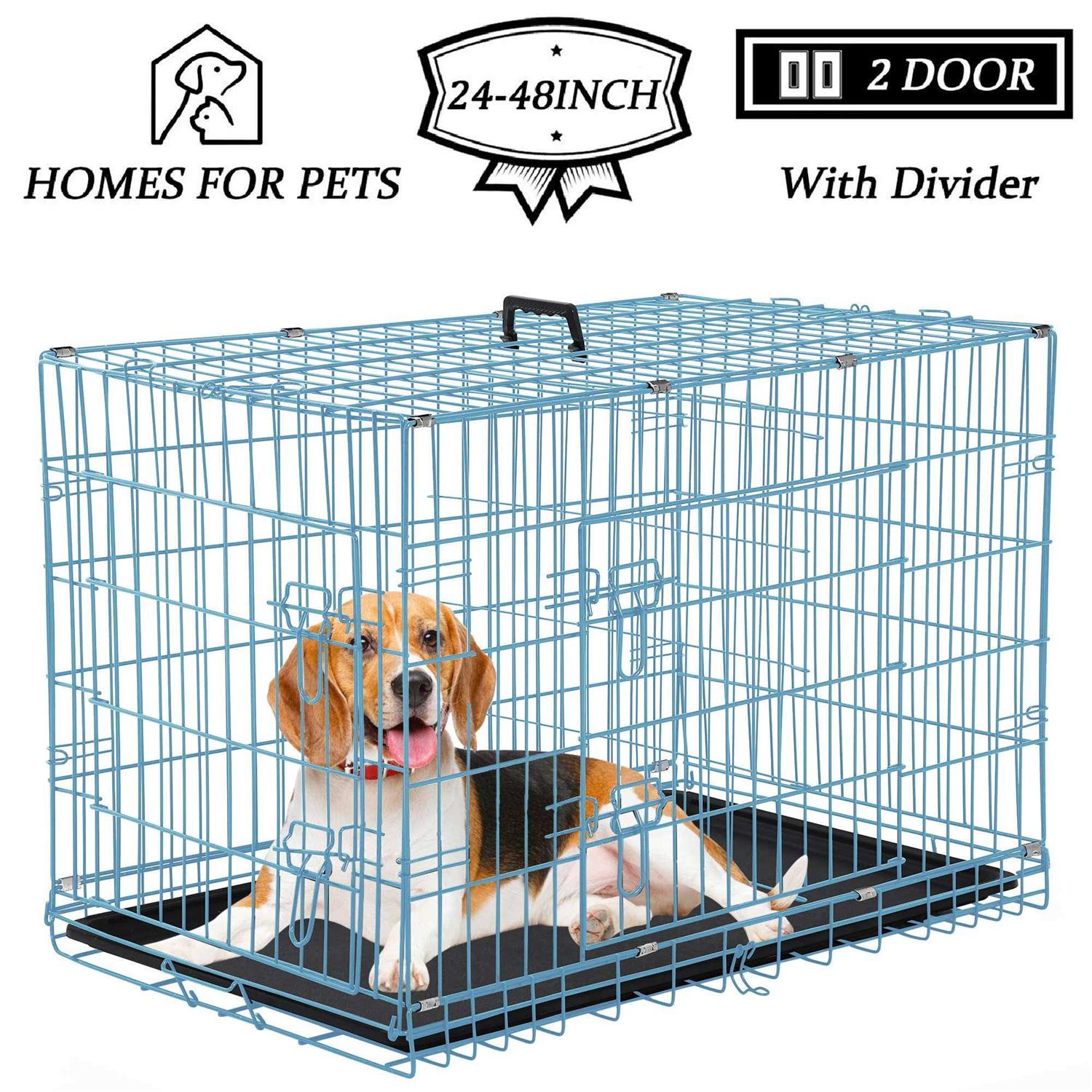 Yrllensdan Foldable Large Dog Crate for Large Dogs, Metal Wire Dog Cage with Plastic Tray and Handle Double-Door Outdoor Dog Crates and