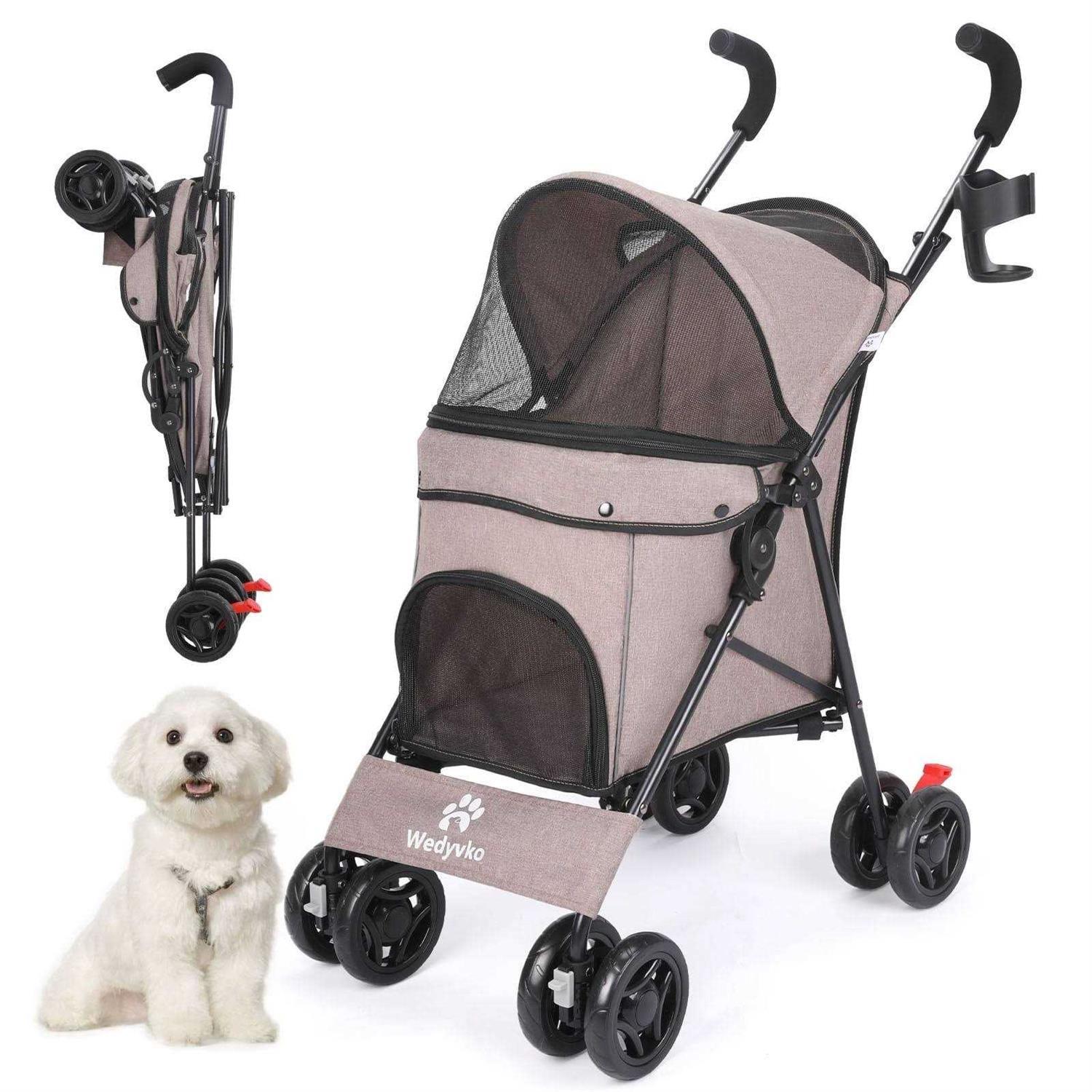 Pet Dog Stroller, Wedyvko 4 Wheels Foldable Dogs and Cat Strollers with Cup Holder for Small and Medium Cats