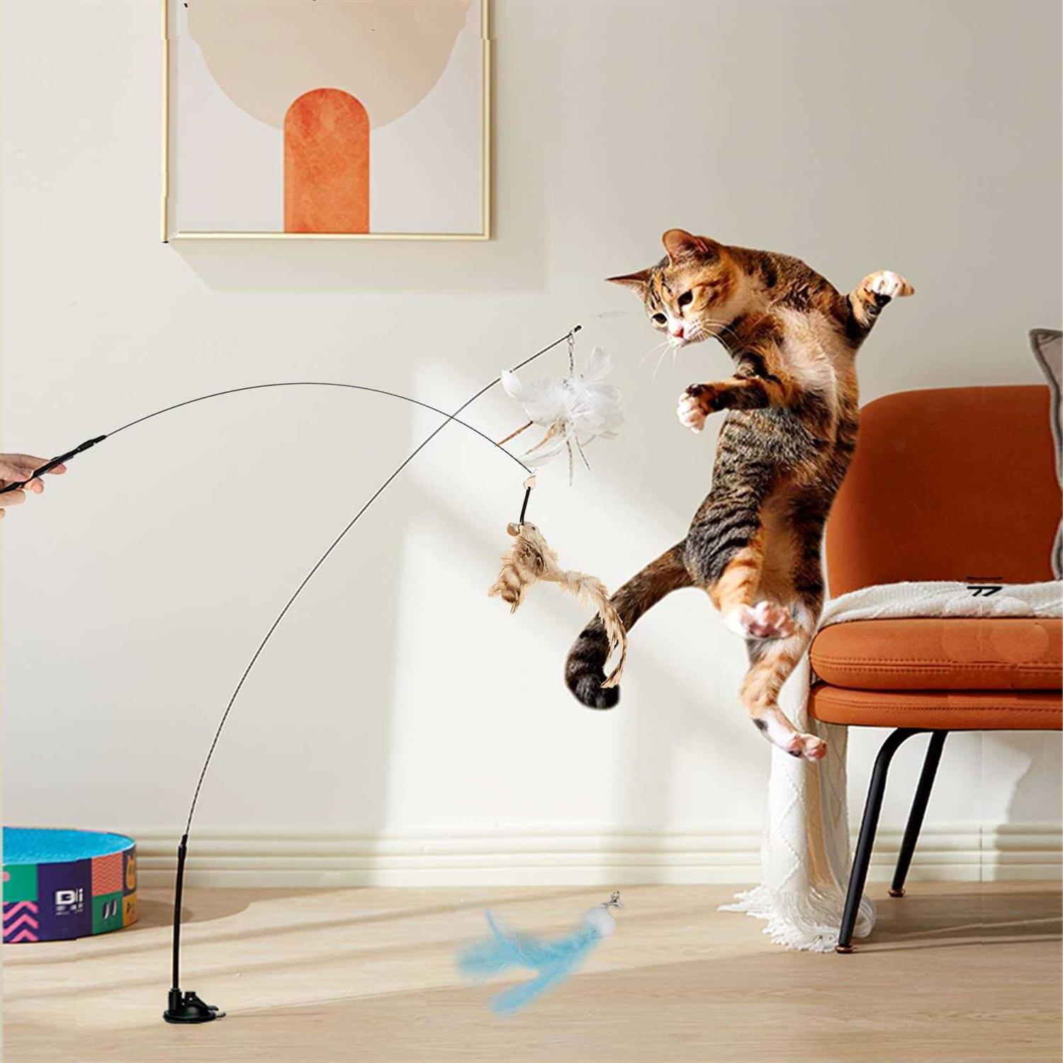 TINGIC Cat Toy Wand Auto Interactive Toys for Indoor Cat 6 in 1 Hands-Free Natural Bird Feather Ball Toys