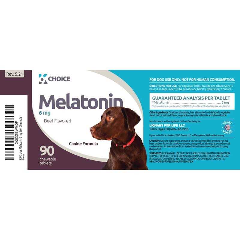 K9 Choice Melatonin for Dogs 6mg 90 Beef Flavored Chewable Tablets for Small to Large Dogs