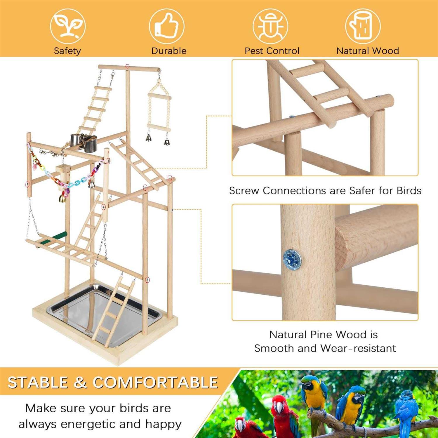 Ibnotuiy Pet Parrot Playstand Parrots Bird Playground Bird Play Stand Wood Perch Gym Playpen Ladder with Feeder Cups Bells for Cockatiel Parakeet