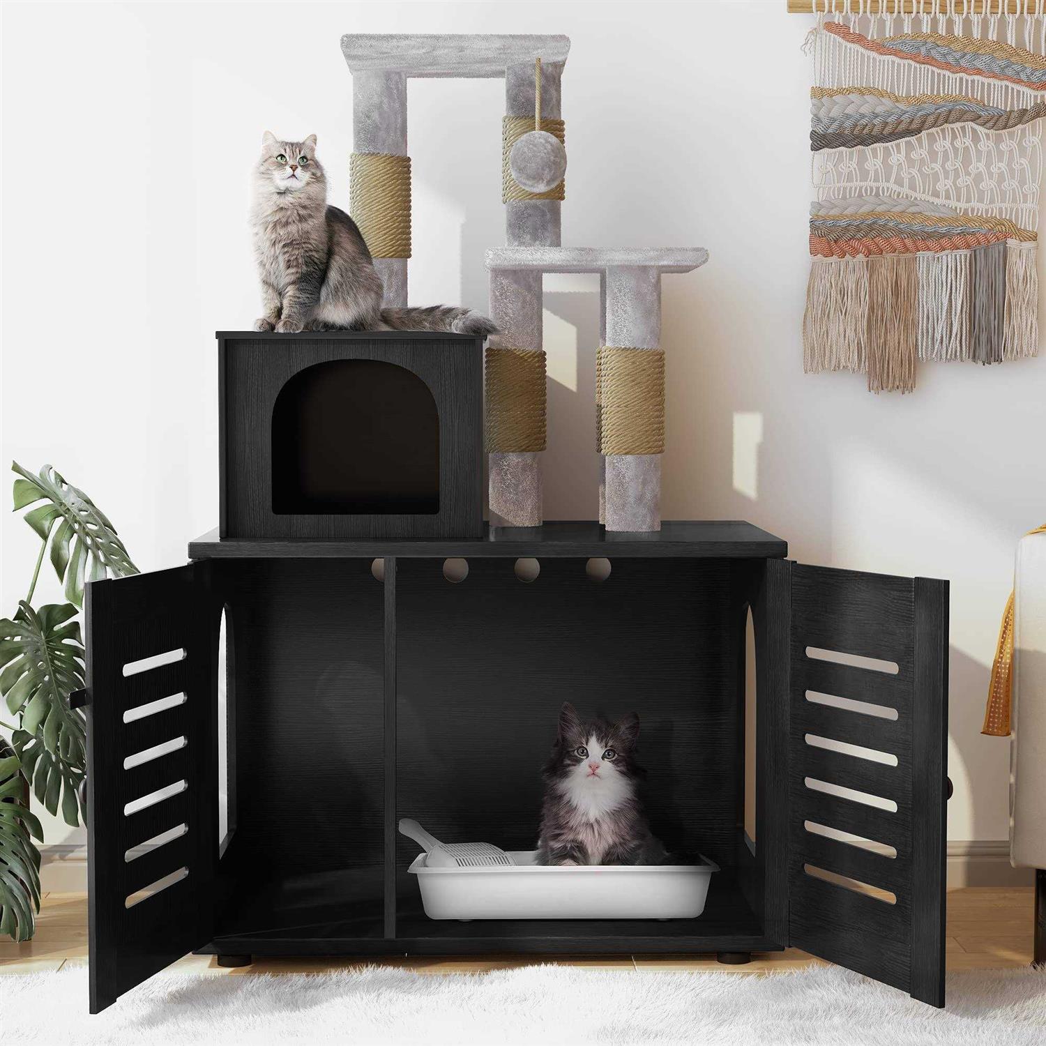 Recaceik Cat Litter Box Enclosure with Cat Tree Hidden Cat Washroom Furniture with Divider