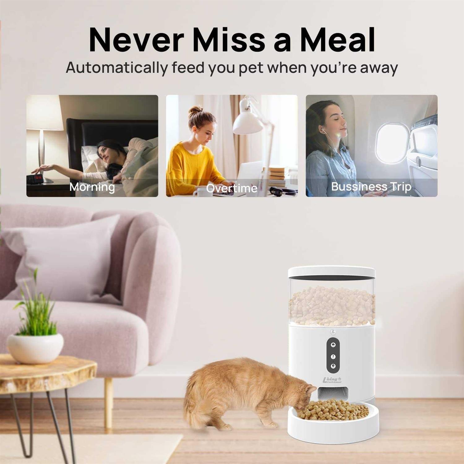 Living Enrichment Automatic Cat Feeder, Auto Dog Food Dispenser, WiFi Smart Pet Feeder 4L, Distribution Alarms and Voice Recorder