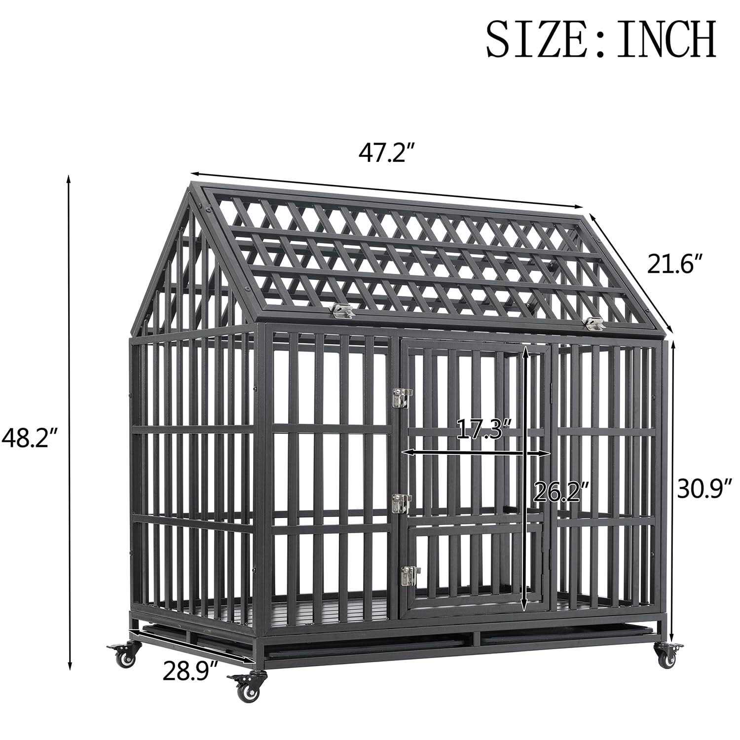JINTANGLI Pet Heavy Duty Dog Crate for Large Medium Dogs, Metal Pet Cage Kennel Crate Roof Strong Playpen with Sturdy Latches and 4 Lockable Wheels