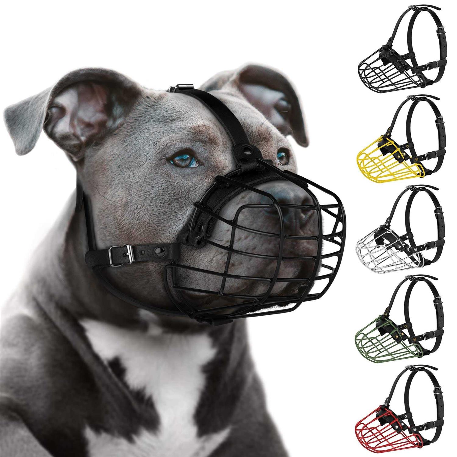 BUDKAS Pitbull Dog Muzzle Metal Mask Amstaff Secure Wire Basket Adjustable Durable Leather Straps for Large Dogs