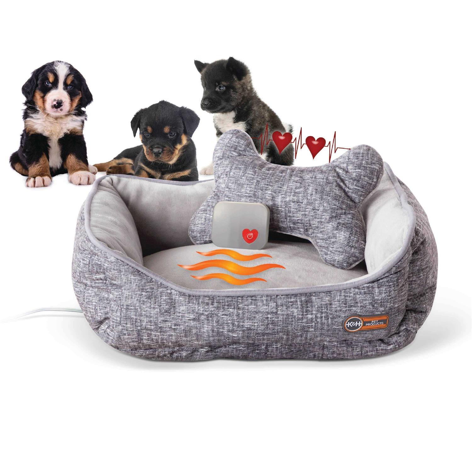 K&H Mother’s Heartbeat Heated Puppy Pet Bed with Bone Pillow