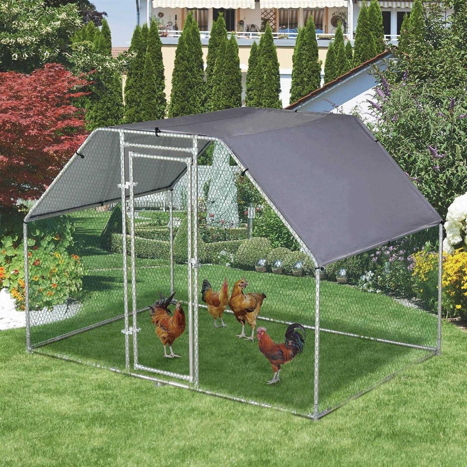 PawHut Galvanized Metal Chicken Coop Cage with Cover Walk-In Pen Run