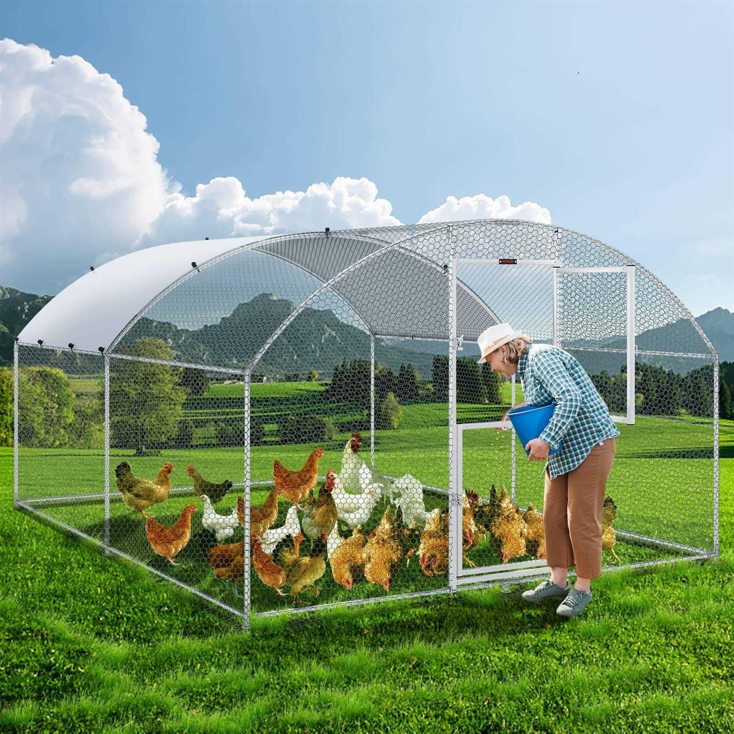 VEVOR Large Metal Chicken Coop with Run Walkin Chicken Coop for Yard with Waterproof Cover