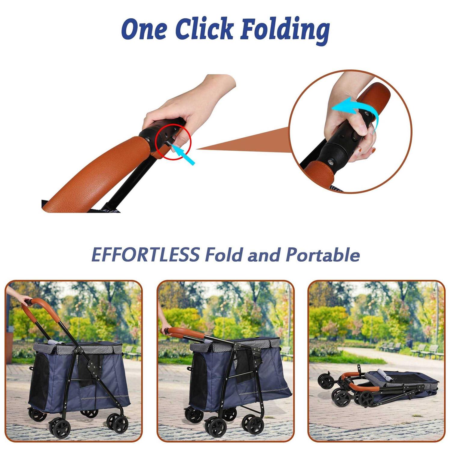 Folding Pet Stroller for Dog or Cats One-Click Folding Dog Travel Stroller with Dual Entry
