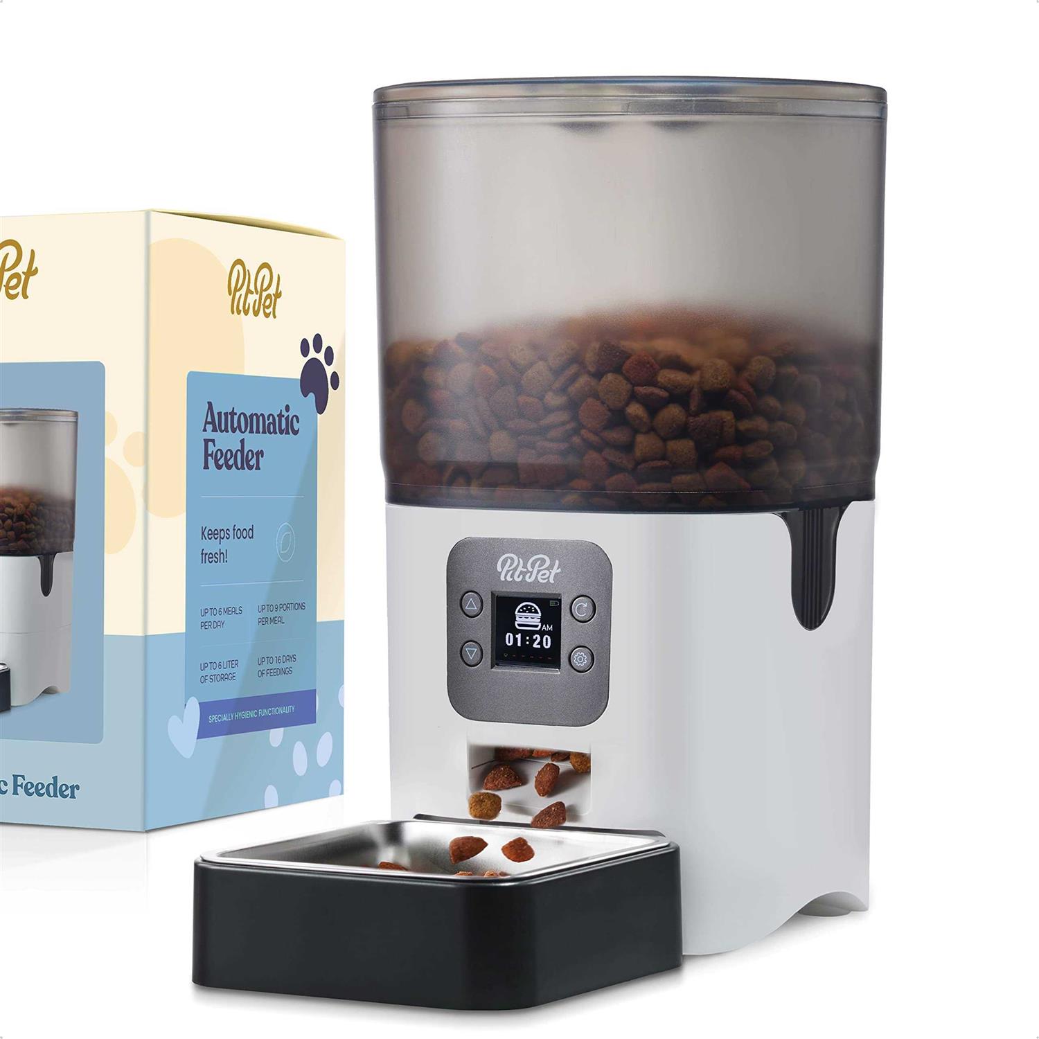 Pitpet Smart Automatic Cat Feeder 6-L Reliable Automatic Cat Food Dispenser with Display LCD Screen for Easy Set Up -Portion Control Automatic Dog