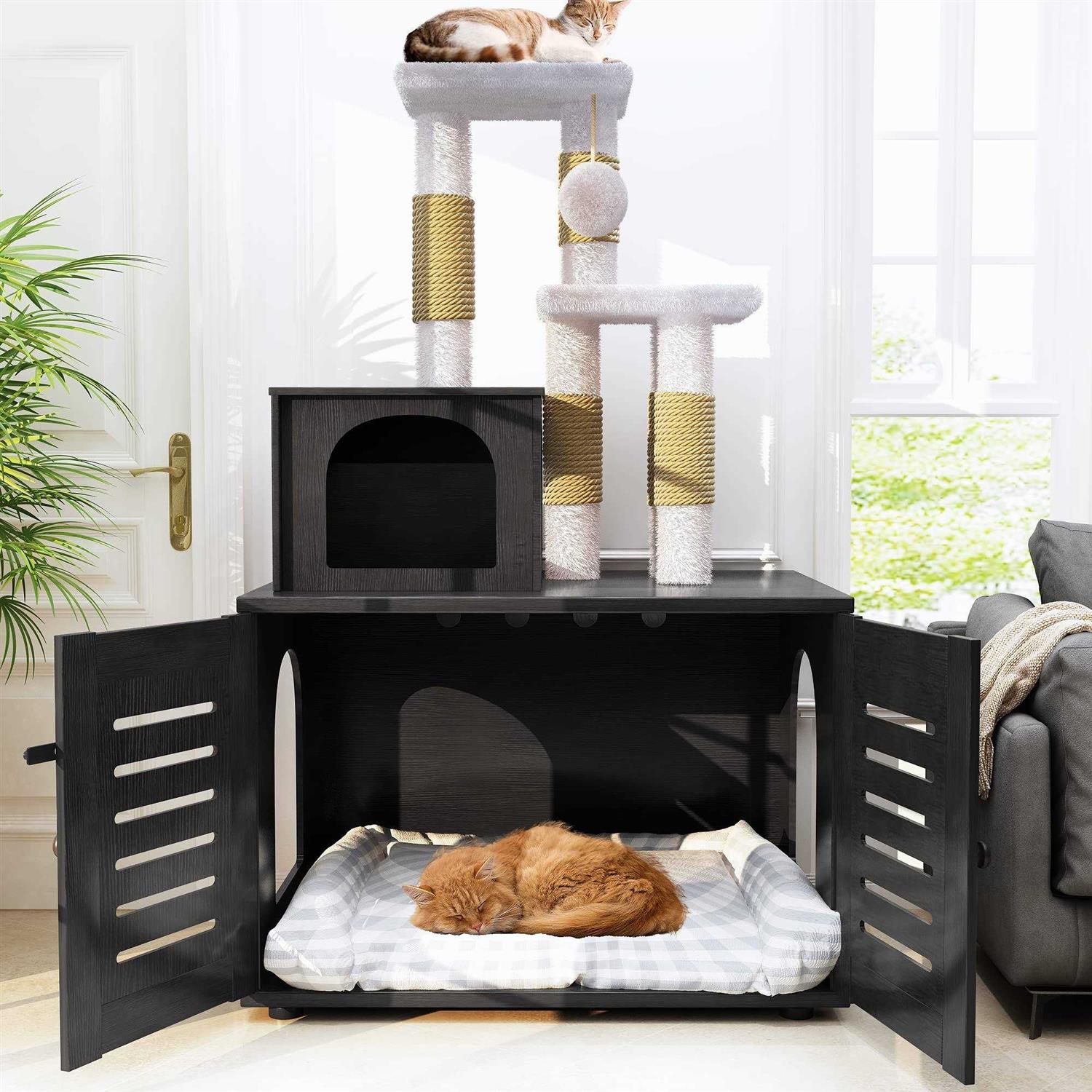 Recaceik Cat Litter Box Enclosure with Cat Tree Hidden Cat Washroom Furniture with Divider