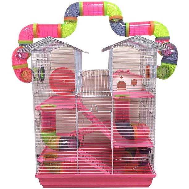 Mcage Pink Large 5-Levels Twin Tower Hamster Mouse Habitat Home House Critter Cage For Rodent Gerbil Mice Rat Wire Animal Cage With Long Crossover Tube