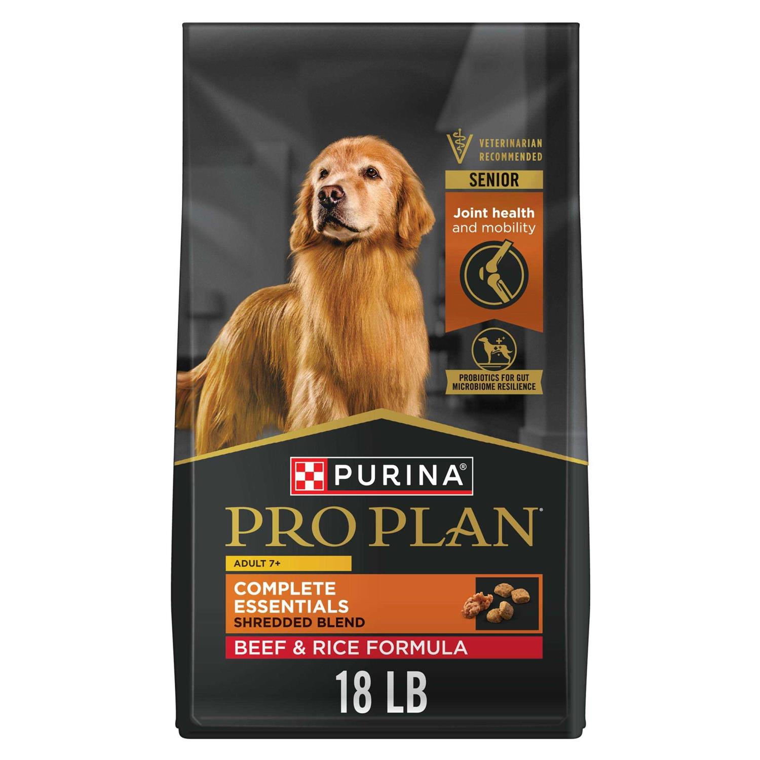 Purina Pro Plan Senior Adult 7+ Complete Essentials Shredded Blend Beef & Rice Formula High Protein Dog Food