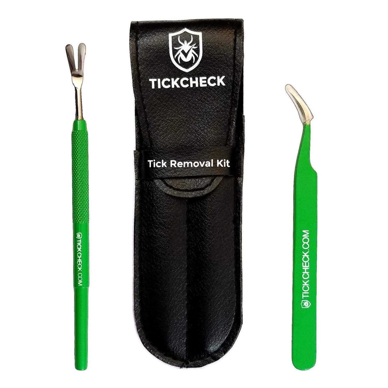 TickCheck Premium Tick Remover Kit Stainless Steel Tick Remover + Tweezers, Leather Case, and Free Pocket Tick Identification Card