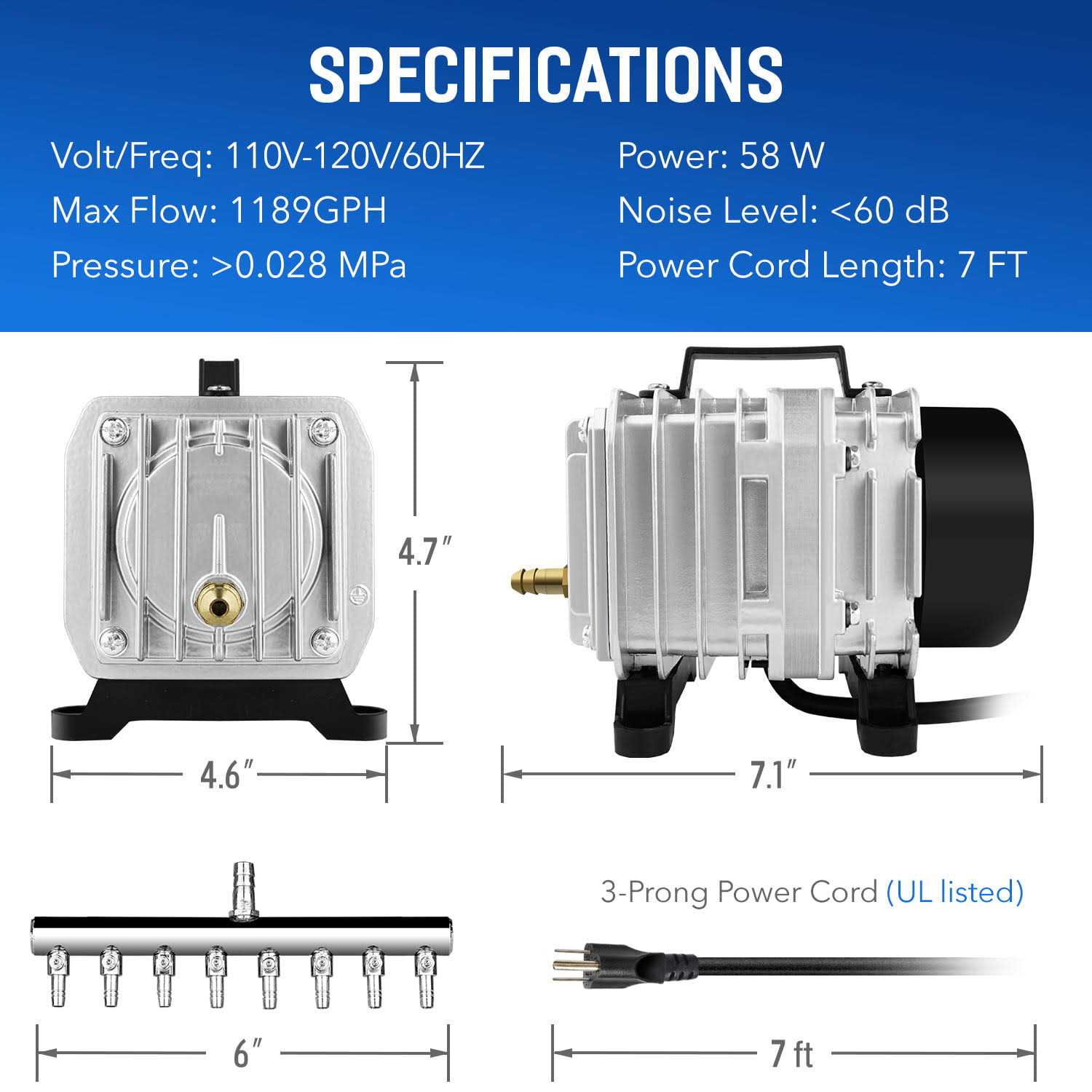 Simple Deluxe Commercial Air Pump LGPUMPAIR75 1189 GPH 58W 75L/min 8 Outlets with Airline Tubing 25 Feet for Aquarium