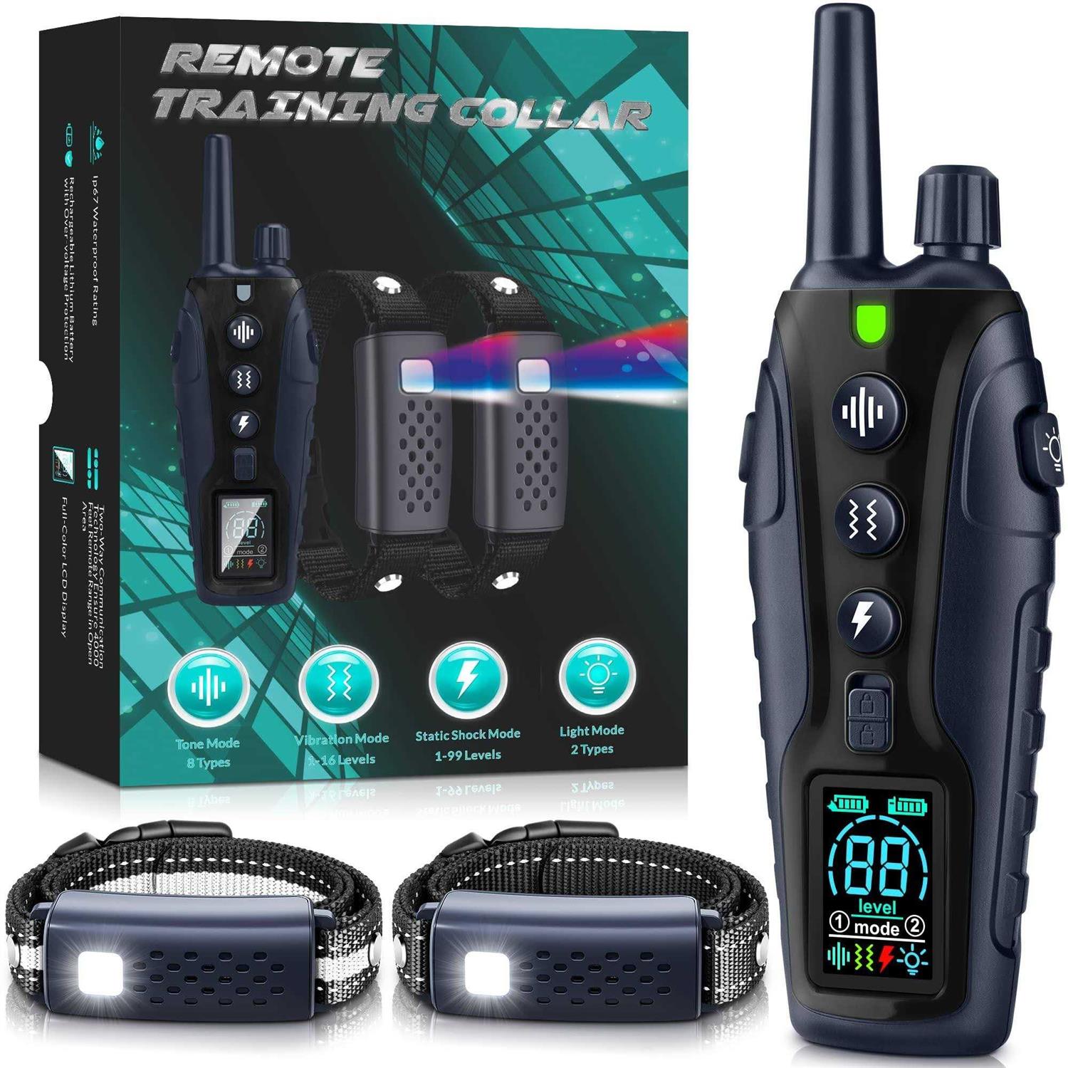 Nikketta Dog shock Collar 2 Dogs with Flashing Light for Night Walks,4000FT Dog Training Collar Adjustable Pitch beep