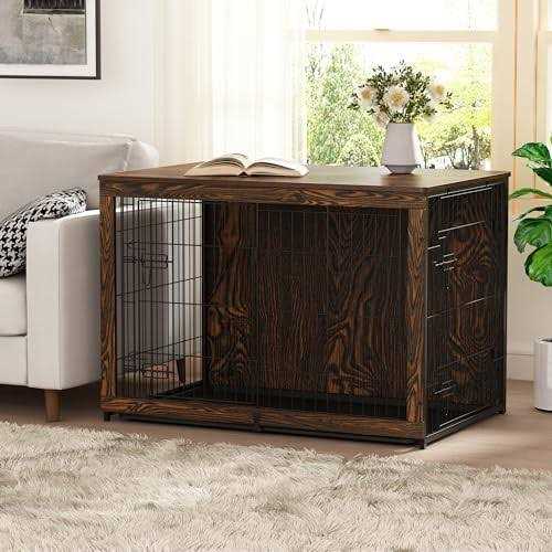 Megidok Wooden Dog Crate Furniture with Cushion Dog Crate End Table with Tray