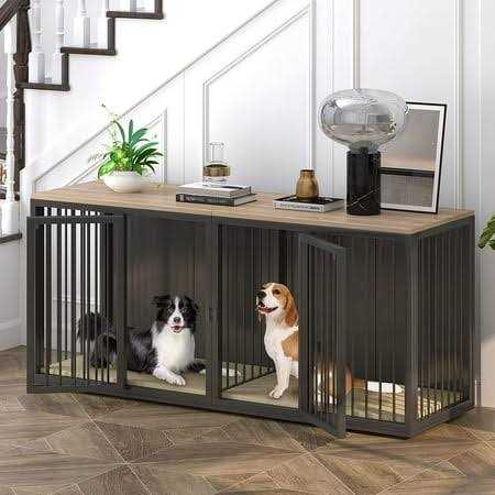 Large Dog Crate Furniture for 2 Dogs Linor Wooden Dog Crate Table with Double Doors