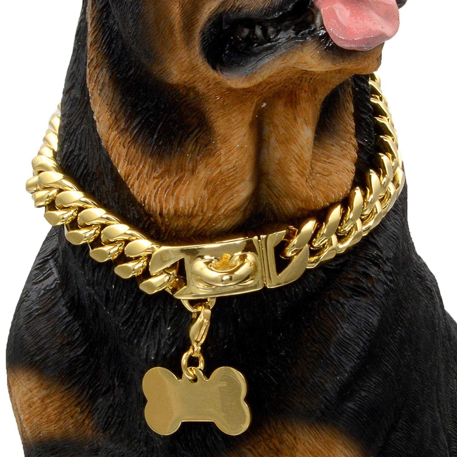 W/W Lifetime Gold Dog Chain Collar Walking Metal Chain Collar with Design Secure Buckle,18K Cuban Link Strong Heavy Duty Chew Proof for Medium Dogs