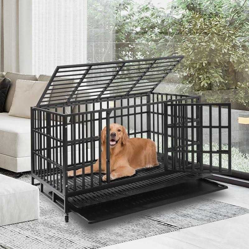 HAILANG 48 Inch Heavy Duty Dog Crate Cage Kennel with Wheels Indestructible Double Door Dog Crate with Removable Trays