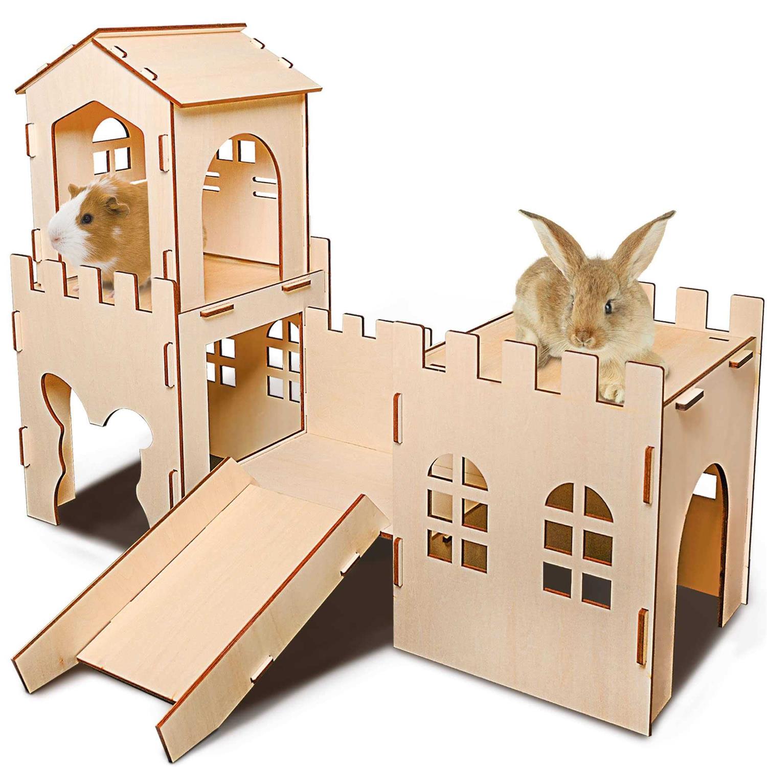Extra Large Wooden Rabbit Castle Hideaway Tunnel and Bed Small Animal Hideaway Hut Solid Safe Construction Play Hideaway Hut for Rabbit Guinea Pig