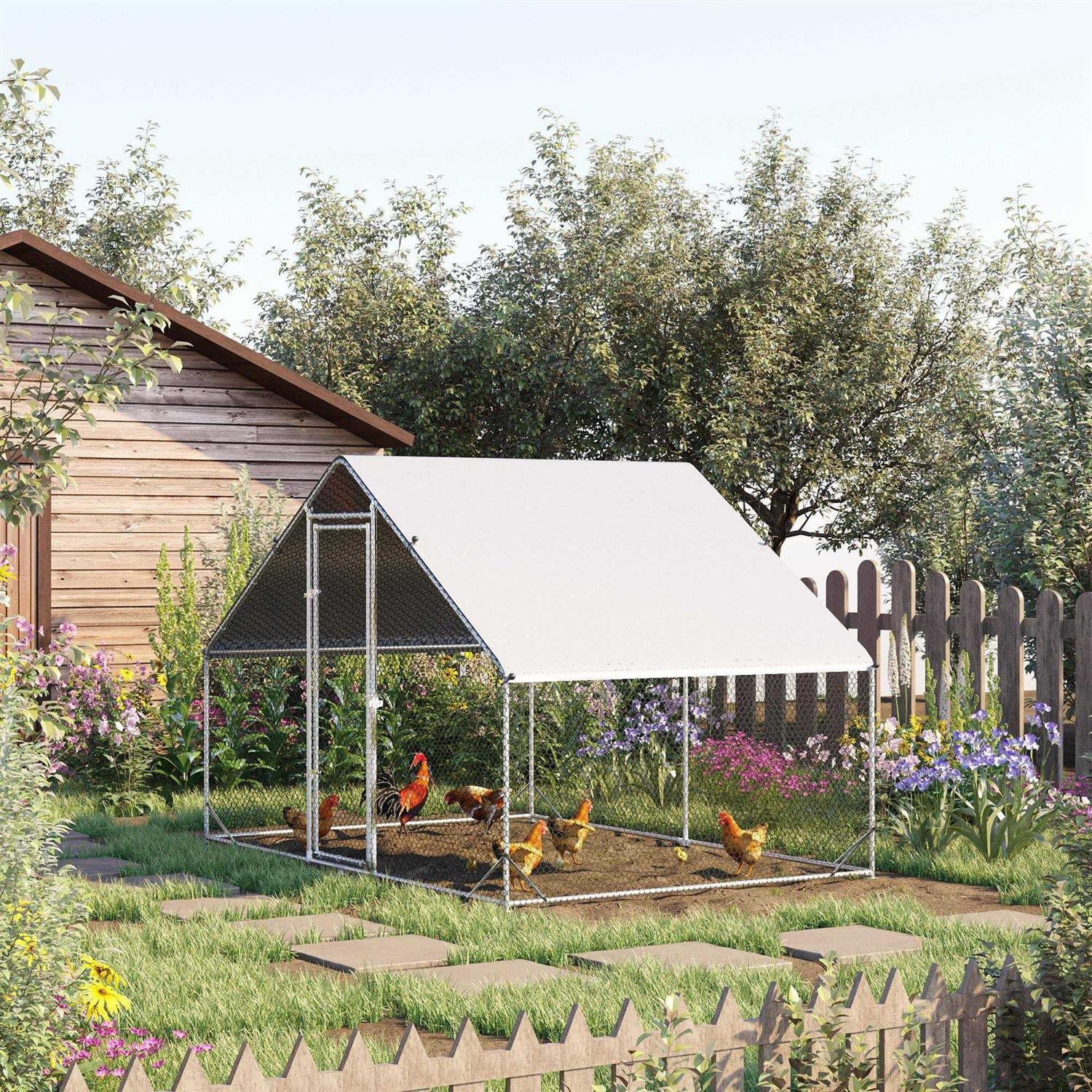 PawHut Large Metal Chicken Coop, Walk-in Poultry Cage Hen Playpen House with Cover and Lockable Door for Outdoor