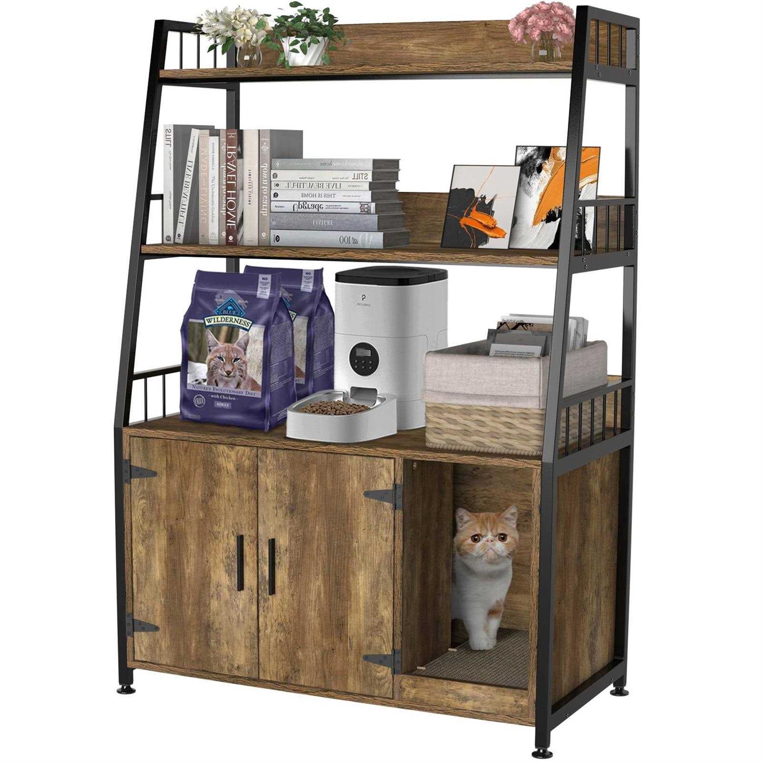 GDLF Large Hidden Cat Litter Box Enclosure Furniture with Shelf Wood Sturdy Cat Washroom Storage with Scratch