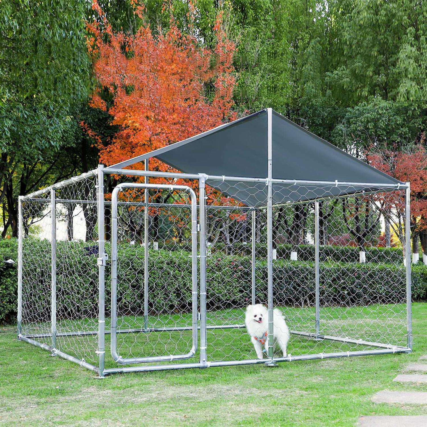 Magic Union Dog Cage Metal Outdoor Pet Playpen Wire Kennel with Water-Resistant Cover Roof, Size: 90.00 x 90.00 x 45.00, Silver