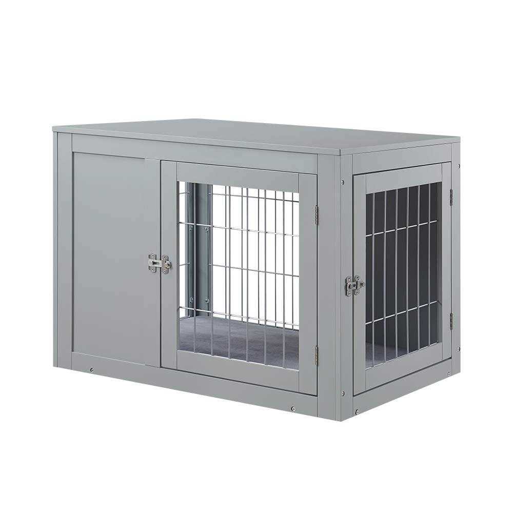 Unipaws Dog Crate End Table with Cushion Wooden Wire Pet Kennels with Double Doors