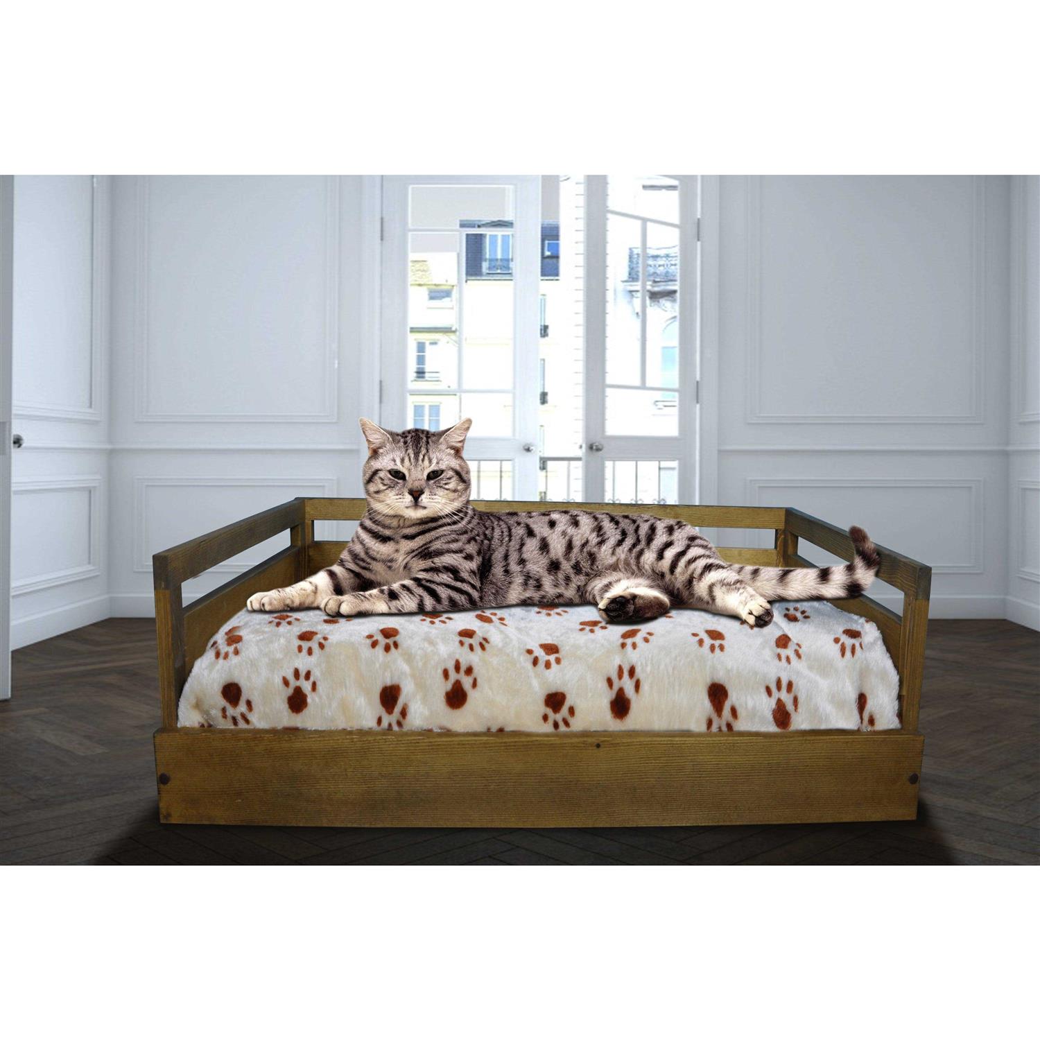 Iconic Pet Sassy Paws Wooden Pet Bed with Paw Printed Comfy Cushion