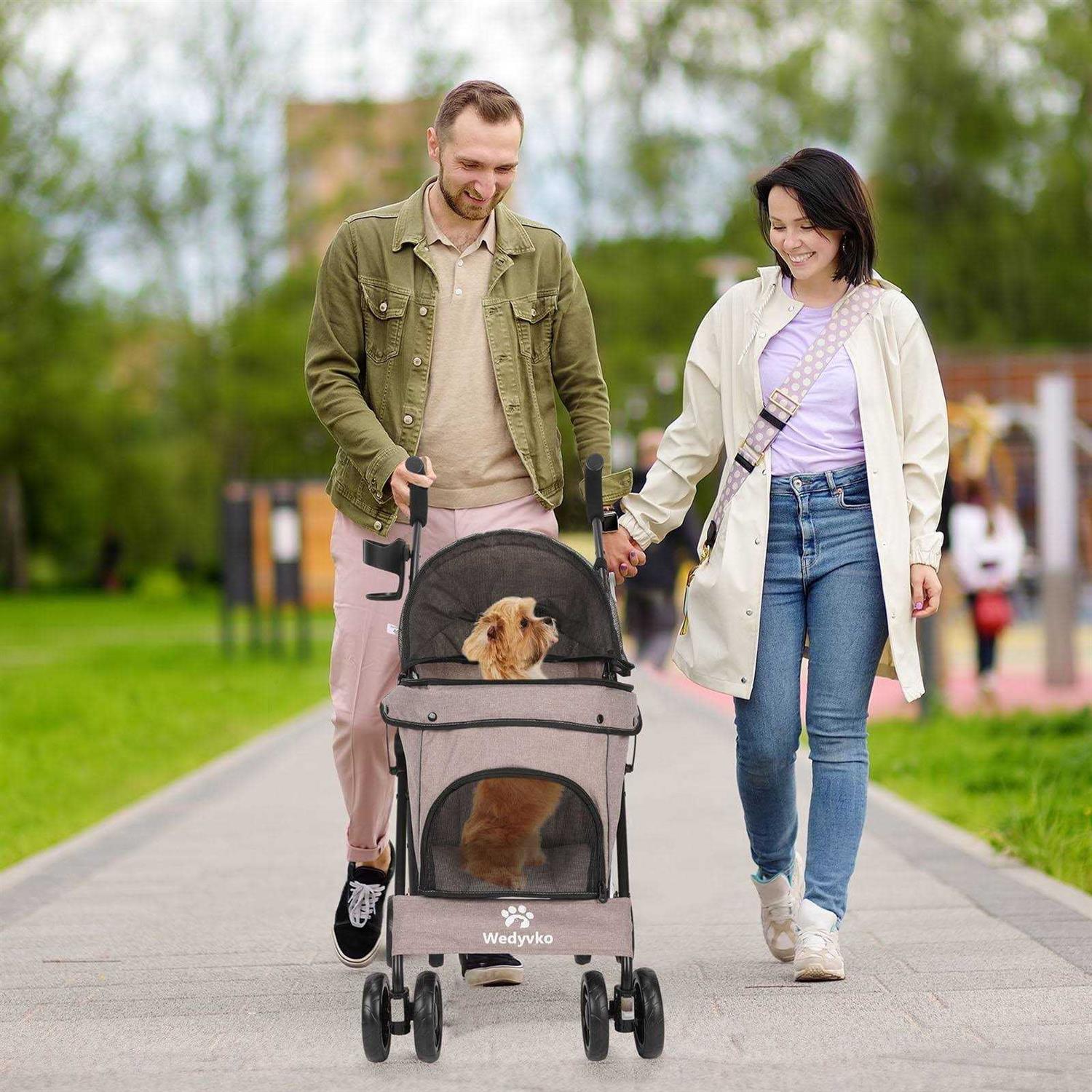 Pet Dog Stroller, Wedyvko 4 Wheels Foldable Dogs and Cat Strollers with Cup Holder for Small and Medium Cats