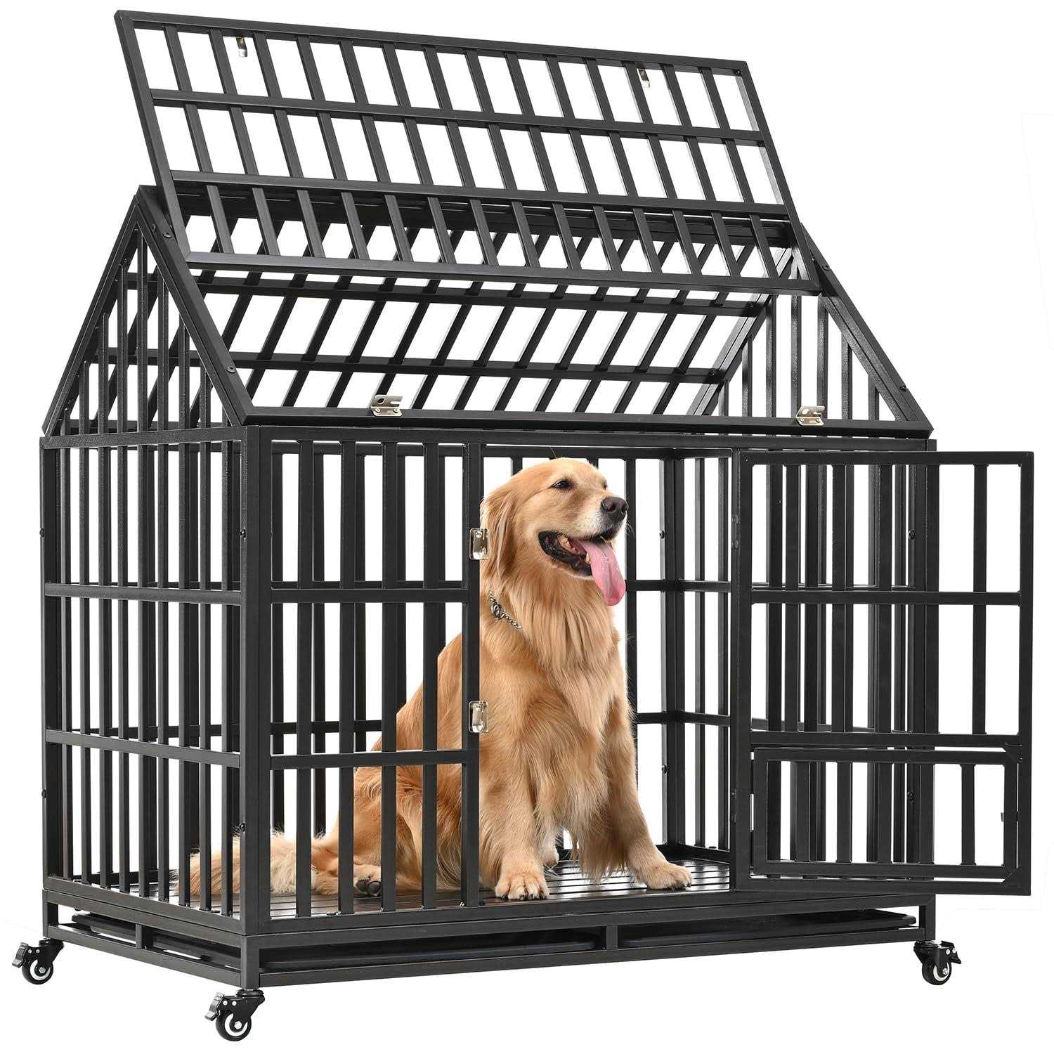 JINTANGLI Pet Heavy Duty Dog Crate for Large Medium Dogs, Metal Pet Cage Kennel Crate Roof Strong Playpen with Sturdy Latches and 4 Lockable Wheels